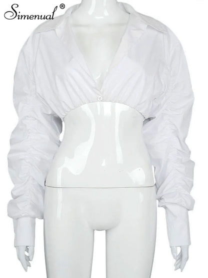 Simenual Button Ruched White Puff Sleeve Blouse Shirts Women Long Sleeved Fashion Fall 2021 Clothing Crop Blouses Solid Baddie
