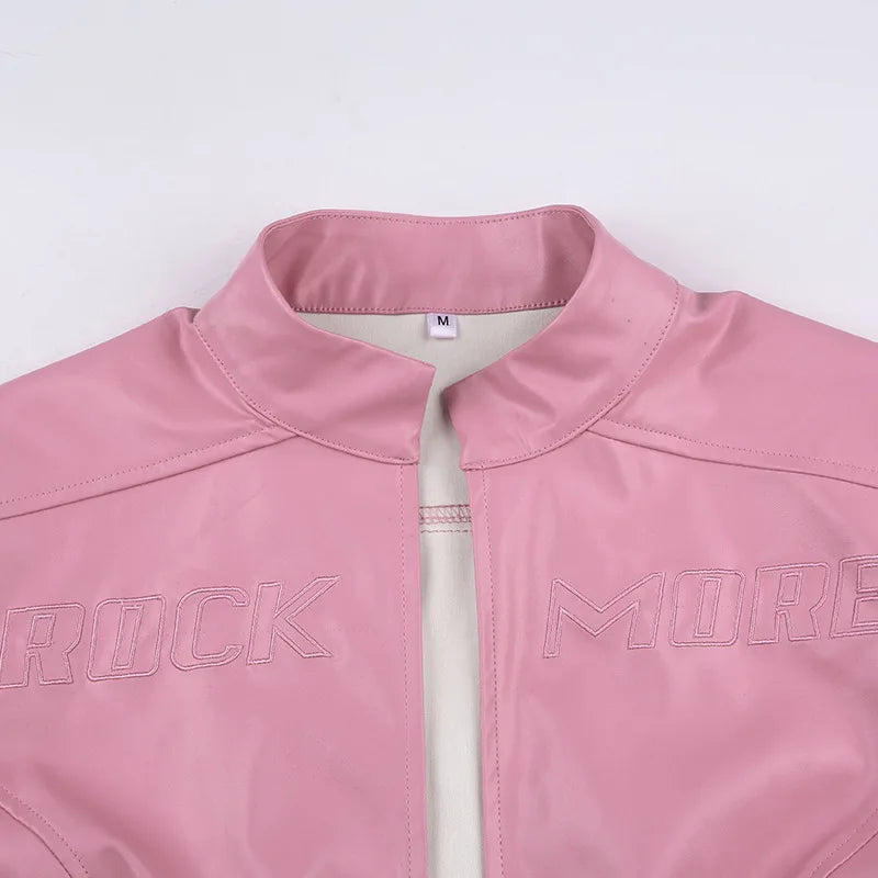 FAGADOER Y2k Punk Gothic Leather Jacket Women Cropped Lapel Letter Embroidery Moto Jackets Coat Short Female Streetwear New