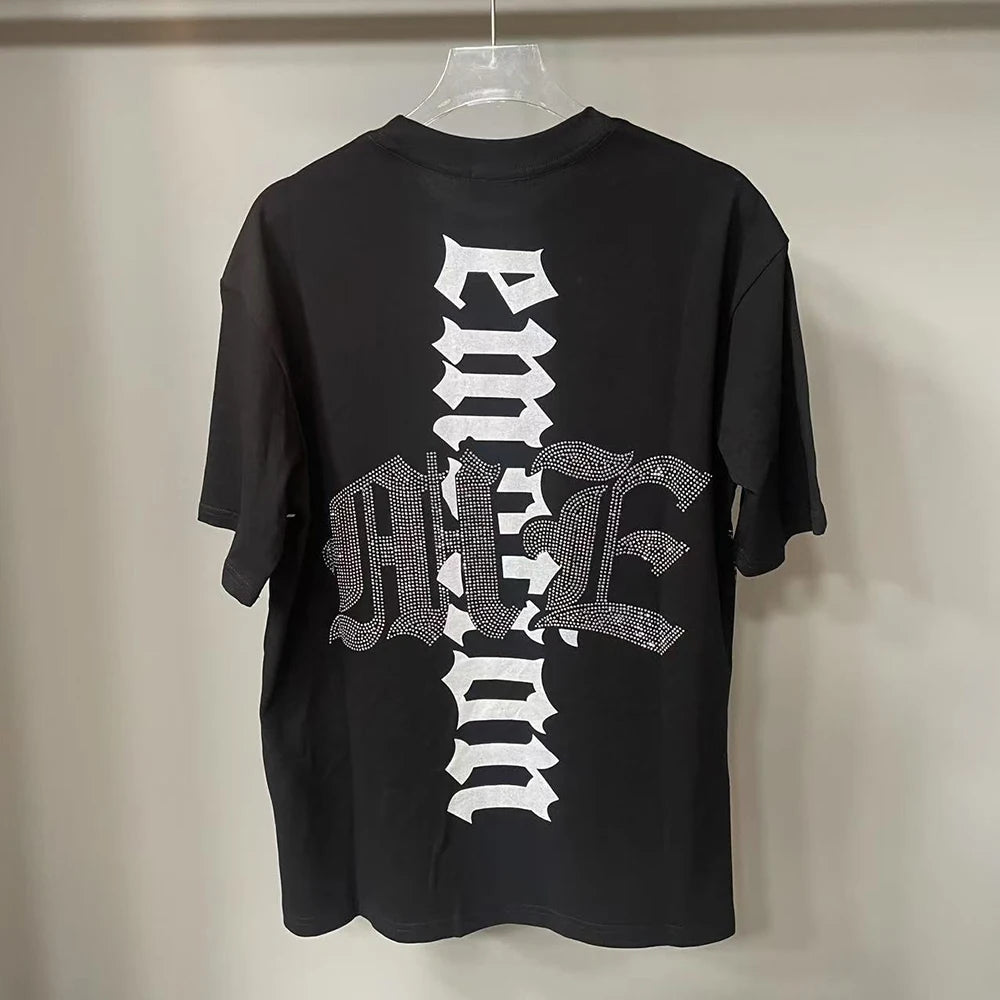 New Summer Letter Rhinestone Short Sleeve Black Mens Tshirts Streetwear Cotton Loose Round Neck Top Tees Oversized Unisex Tshirt