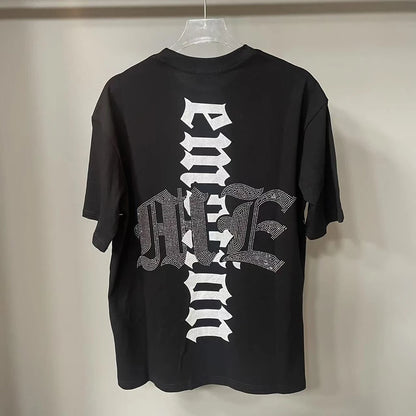 New Summer Letter Rhinestone Short Sleeve Black Mens Tshirts Streetwear Cotton Loose Round Neck Top Tees Oversized Unisex Tshirt