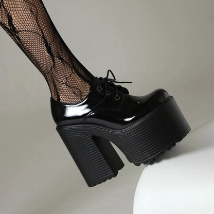 Ultra High Waterproof Platform Shiny Patent Leather Lace Up Women's Pumps Breathable Lining Thick Heels Punk Trendy High Heels