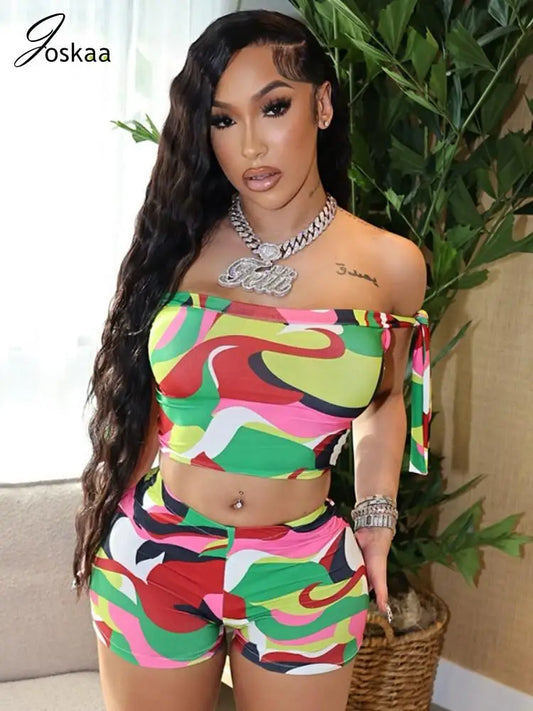 Joskaa Colorful Print Beach Style 2 Piece Sets Women Swimsuit Sexy Tube Tops and Shorts Matching 2025 Summer Bathing Suit