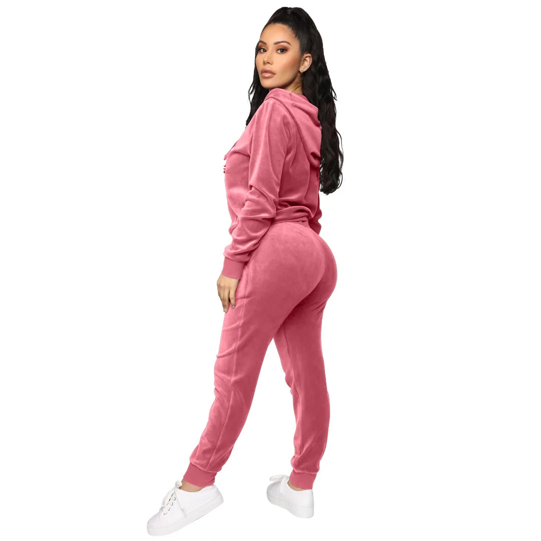 Women Pant Sets Comfortable Velvet Matching Sets Two Piece Set Autumn Loose Zipper Hoodie Jacket Elastic Waist Skinny Pants Sets