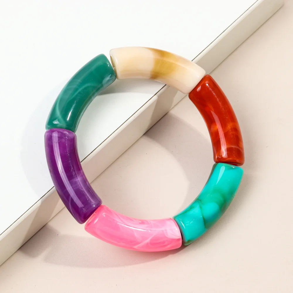 FishSheep Trendy Acrylic Stacked Bamboo Beads Bangles Bracelets for Women Bohemian Resin Elastic Beaded Bracelets Set Jewelry
