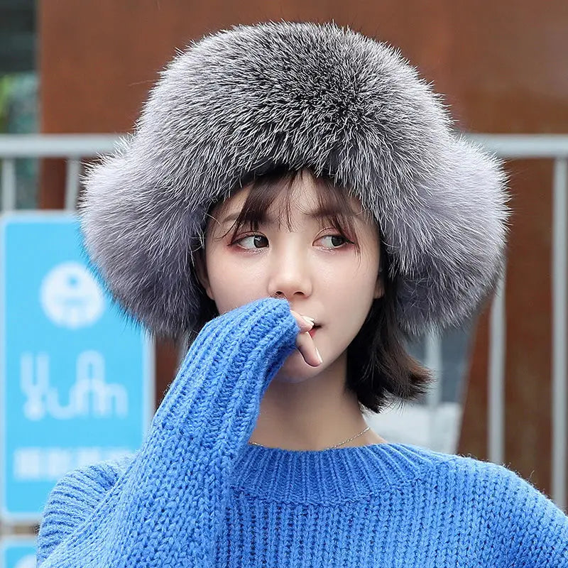 2025 100% Real Fox Fur Hats Women's Russian Ushanka Aviator Trapper Snow Skiing Hat Caps Earflap Winter Raccoon Fur Bomber Hat