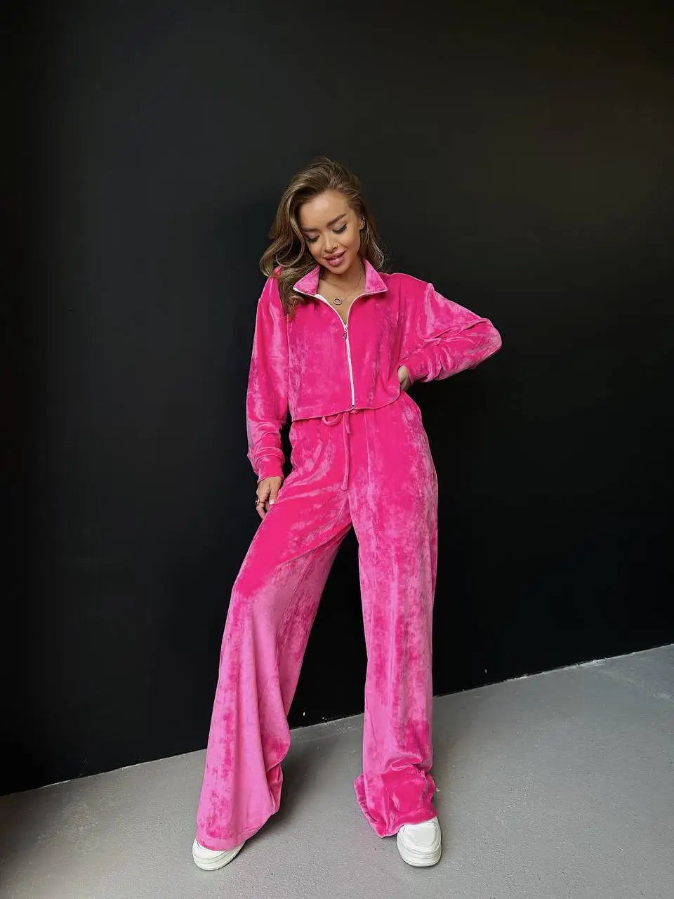 Autumn And Winter Long-sleeved Zipper Lapel Jacket Elastic Waist Wideleg Trousers Velvet Casual Two-Piece Suit For Office Ladies