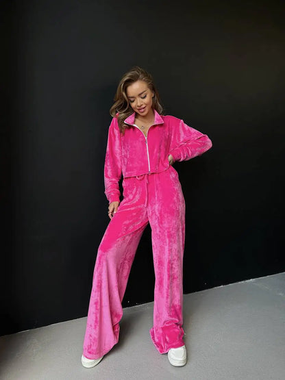 Autumn And Winter Long-sleeved Zipper Lapel Jacket Elastic Waist Wideleg Trousers Velvet Casual Two-Piece Suit For Office Ladies