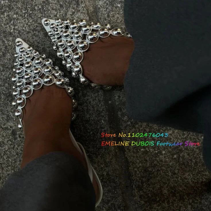 White Hollow Beads Pointed Toe Stiletto Heel Pumps Women Summer New Sexy Slingback Buckle Strap Solid Color High Heel Sandals