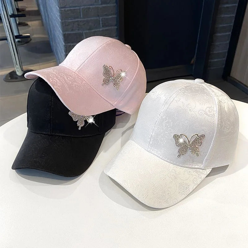 Ladies Summer New Versatile Cap Rhinestone Butterfly Sweat Absorbing Sunscreen Sun Hat Fashion Versatile Baseball Cap Breathable