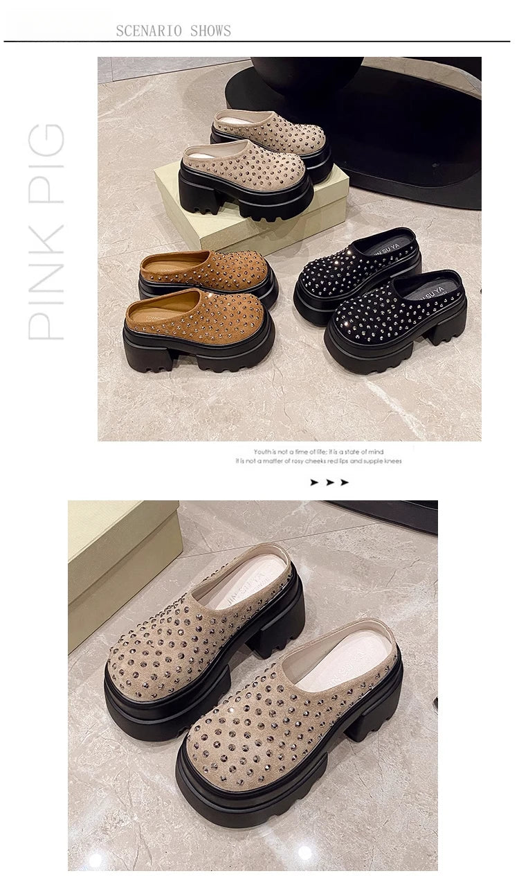 10CM New Rivet Platform Women Slippers Fashion Chunky High Heeled Sandals Comfort Roma Style Round Toe Slide Mule Shoes Summer
