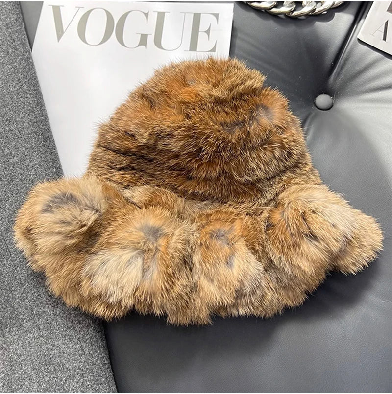 New Real Rabbit Fur Fisherman's Hat For Women Winter Warm Rabbit Fur Caps Soft Natural Rabbit Fur Hats Female Fashion Fur Cap