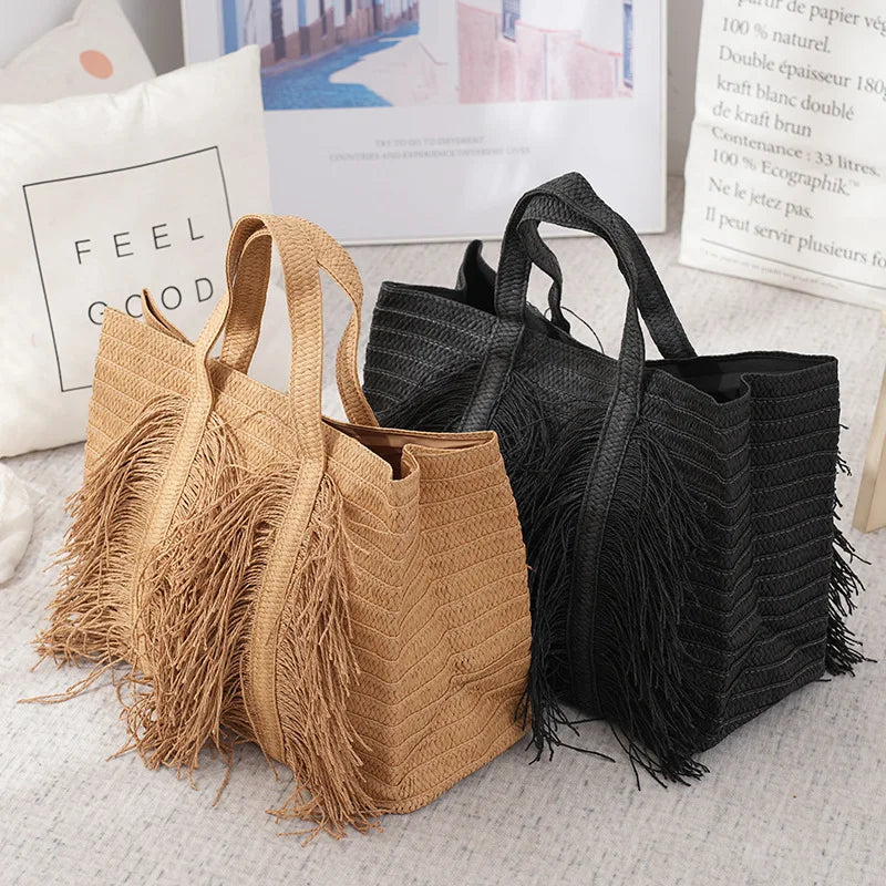 Large Capacity Straw Tote Bags for Women Designer Handbags Bohemian Tassel Beach Bag Handmade Woven Shoulder Bag Travel Shopper