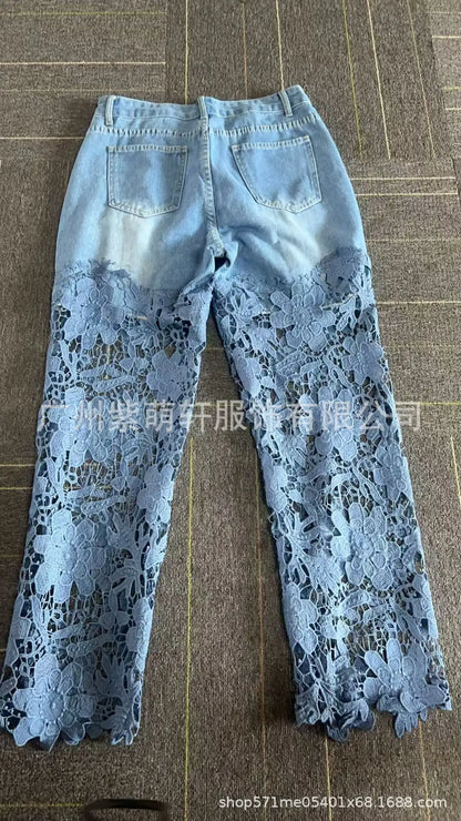 Women's Spring Summer Fashion Hollow Out Lace Splicing Denim Drape Pants Full Length Trousers