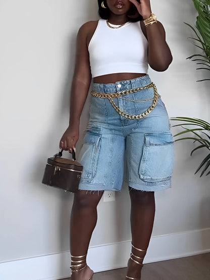 CM.YAYA Women Fashion Pocket Side Straight Knee Length Cargo Jeans 2025 Summer Party Street Short Pants