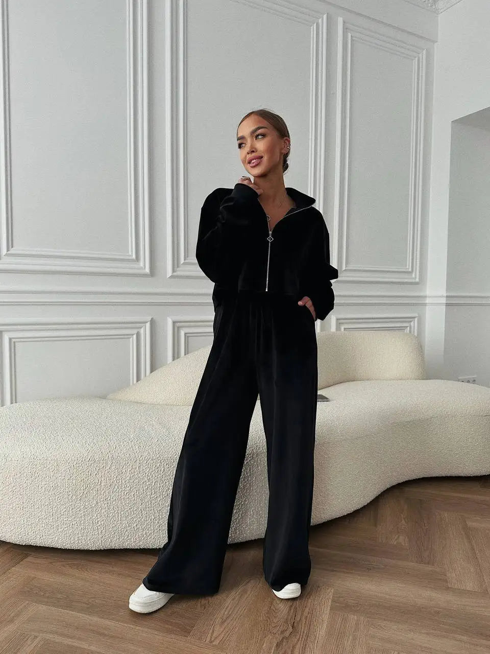Autumn And Winter Long-sleeved Zipper Lapel Jacket Elastic Waist Wideleg Trousers Velvet Casual Two-Piece Suit For Office Ladies