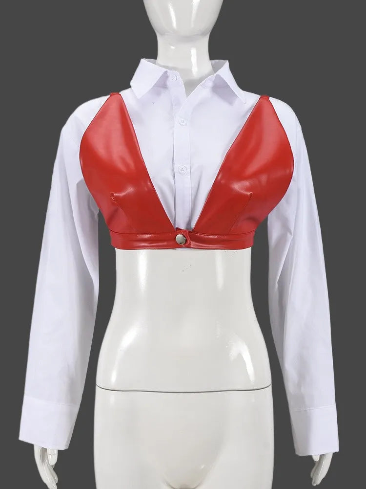 Joskaa Casual Lapel Long Sleeve Single Breasted Slim Crop White Blouses with Black Pu Bra Matching 2024 Chic Tops Streetwear