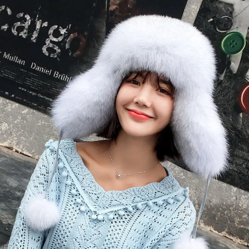 2025 100% Real Fox Fur Hats Women's Russian Ushanka Aviator Trapper Snow Skiing Hat Caps Earflap Winter Raccoon Fur Bomber Hat
