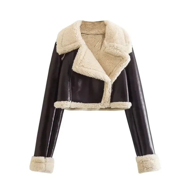 Winter New Women's Faux Fur Lined Short Jacket Double-sided Zipper Collar Leather And Fur Double-sided Short Coat