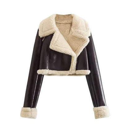 Winter New Women's Faux Fur Lined Short Jacket Double-sided Zipper Collar Leather And Fur Double-sided Short Coat