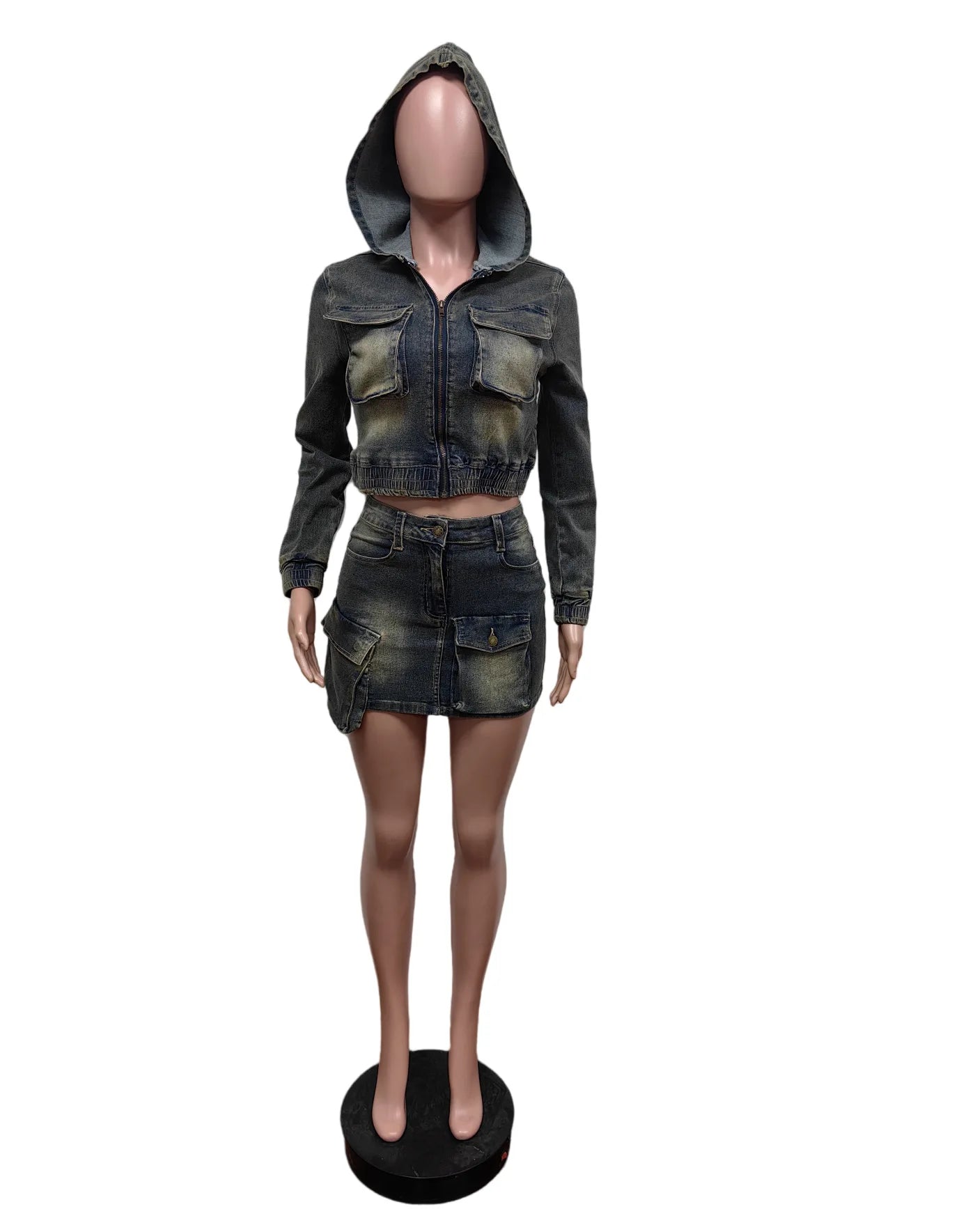 FAGADOER Y2k Retro Denim Two Piece Set Hot Girl Cargo Pockets Patchwork Zip Jacket and Stretchy Mini Skirts Suits Streetwear New