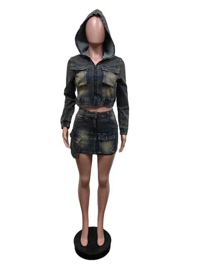 FAGADOER Y2k Retro Denim Two Piece Set Hot Girl Cargo Pockets Patchwork Zip Jacket and Stretchy Mini Skirts Suits Streetwear New