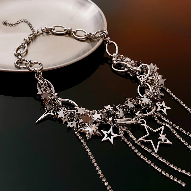 Silver Color Hollow Star Choker Necklaces For Women Long Tassel Rhinestone Imitation Pearl Chain Necklaces Statements Jewelry