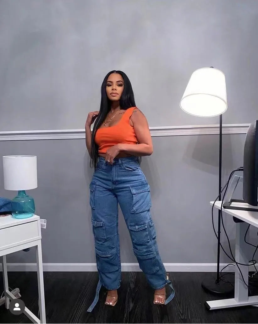 Joskaa Fashion Y2k Pockets Cargo Jeans Women Hipster High Waisted Straight Pants Fall 2023 Casual Denim Trousers Streetwear