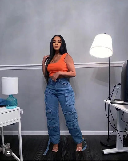 Joskaa Fashion Y2k Pockets Cargo Jeans Women Hipster High Waisted Straight Pants Fall 2023 Casual Denim Trousers Streetwear