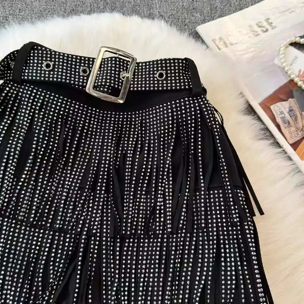 XFPV American Style Women's Shorts Summer Belt Gathered Waist Zipper Spliced Beading Tassel Shorts Female New Fashion 22D1803