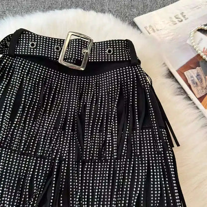 XFPV American Style Women's Shorts Summer Belt Gathered Waist Zipper Spliced Beading Tassel Shorts Female New Fashion 22D1803