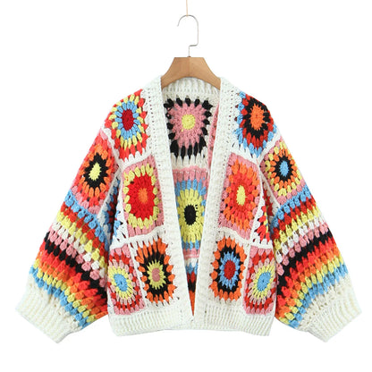 BOHO Geometric Plaid Hand Made Crochet Cardigan Woman V neck Long sleeve Sweater Open Stitching Knitwear Jumper Holiday