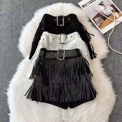 XFPV American Style Women's Shorts Summer Belt Gathered Waist Zipper Spliced Beading Tassel Shorts Female New Fashion 22D1803