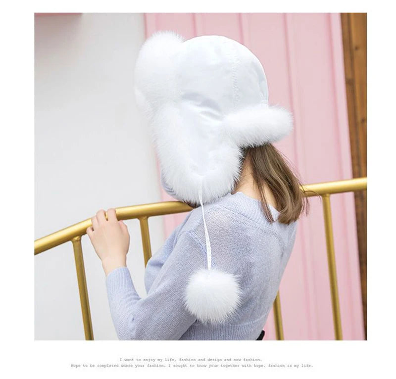 2025 100% Real Fox Fur Hats Women's Russian Ushanka Aviator Trapper Snow Skiing Hat Caps Earflap Winter Raccoon Fur Bomber Hat