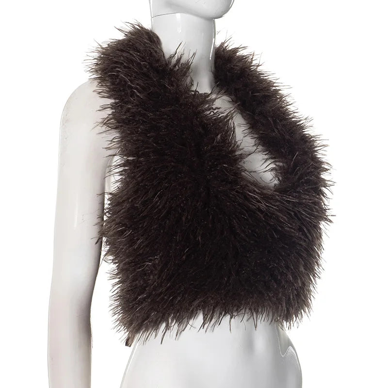 Joskaa Sexy Faux Fur Waistcoat Women Furry Backless Bandage Halter Crop Vests Coat 2025 Fashion Warm Outerwear Y2K Streetwear