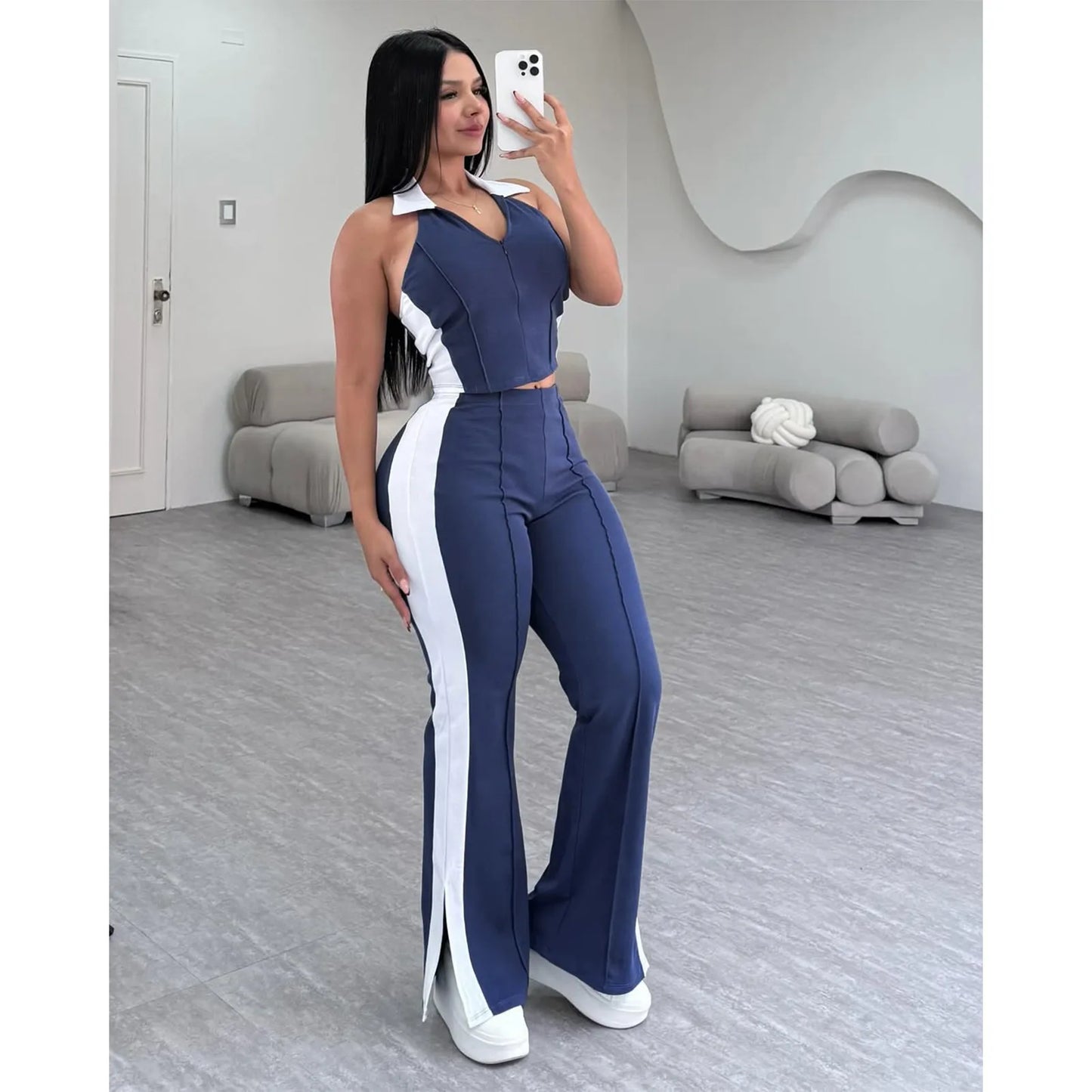 CM.YAYA Sporty Patchwork Women's Set Sleeveless Polo-tank Tops and Slit Flare Pants 2025 Active Two 2 Piece Set Outfit Tracksuit