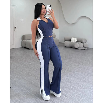 CM.YAYA Sporty Patchwork Women's Set Sleeveless Polo-tank Tops and Slit Flare Pants 2025 Active Two 2 Piece Set Outfit Tracksuit