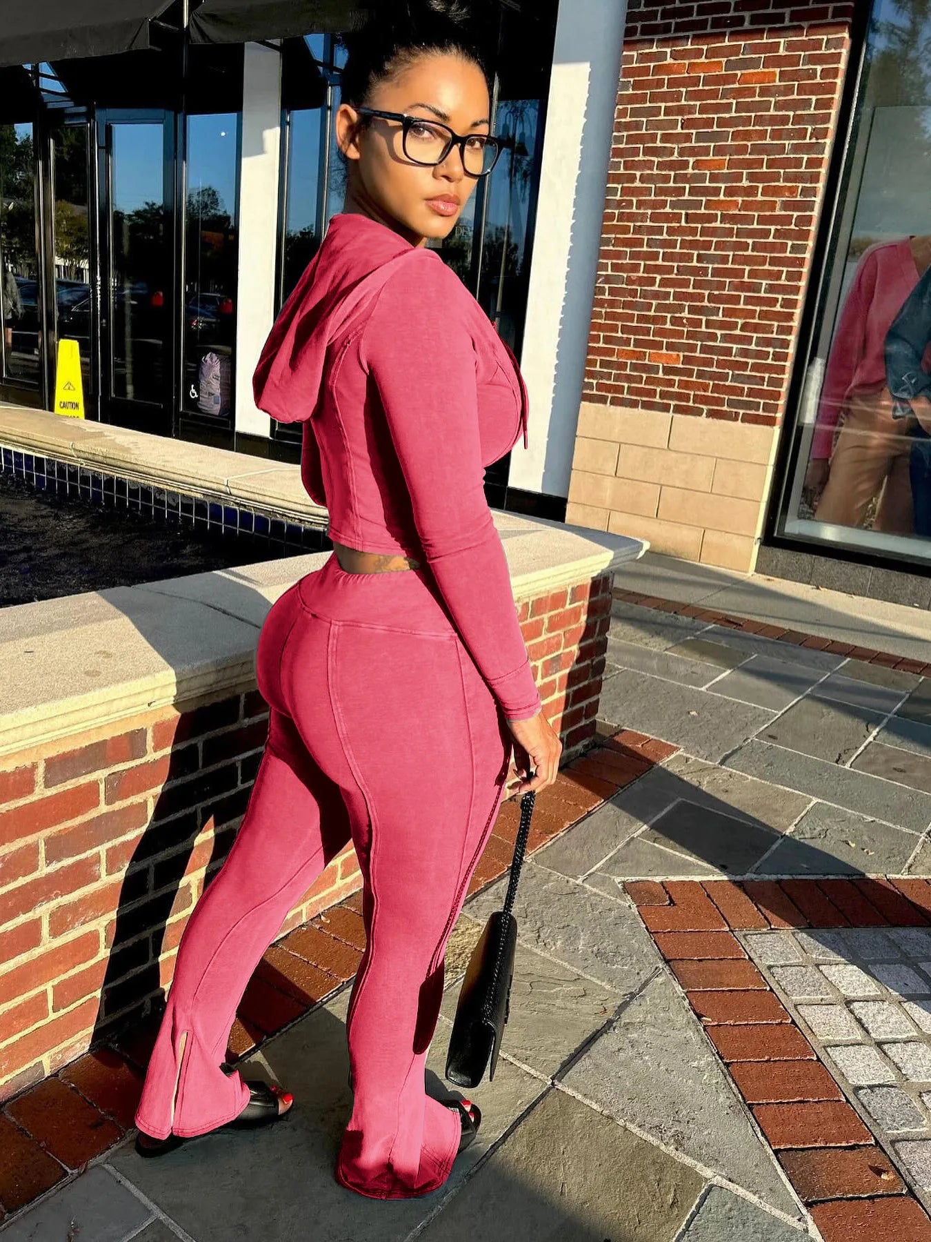 Weird Puss Distressed Women Two Piece Set Tracksuit Zip Hooded Jacket+Waistband Flare Pants Streetwear Matching Stripe Outfits