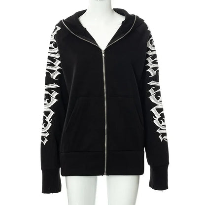 New 2024 Winter Letter Printed Zip Up Hoodie Streetwear Women Cyber Y2k Jackets Cardigan Gothic Punk Clothes Sweatshirts