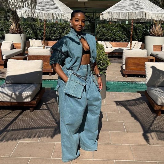 Denim Two Piece Sets Women Coat Jacket Wide Leg Pants Jeans Suits Matching Sets Trousers Outfits 2025 Y2k Streetwear Party