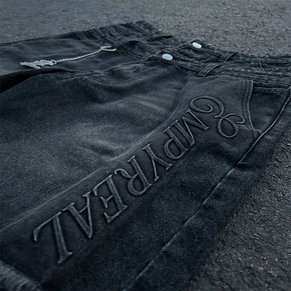 Y2K Retro Washed Shorts Distressed Embroidery Letters High Waist Design Denim Shorts Fashion Men Women Hip Hop Casual Streetwear
