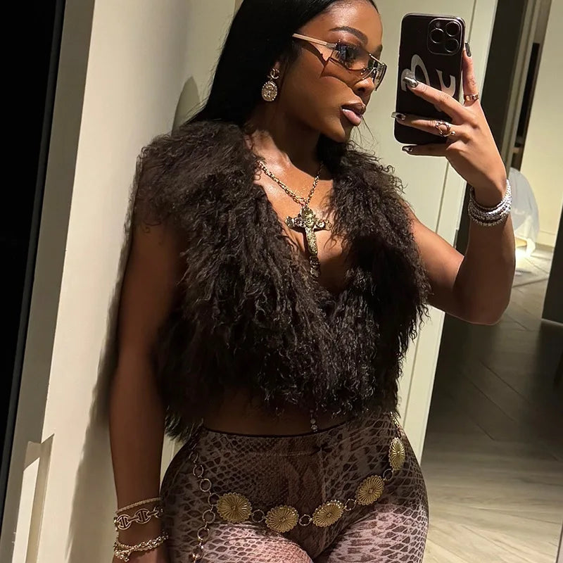 Joskaa Sexy Faux Fur Waistcoat Women Furry Backless Bandage Halter Crop Vests Coat 2025 Fashion Warm Outerwear Y2K Streetwear