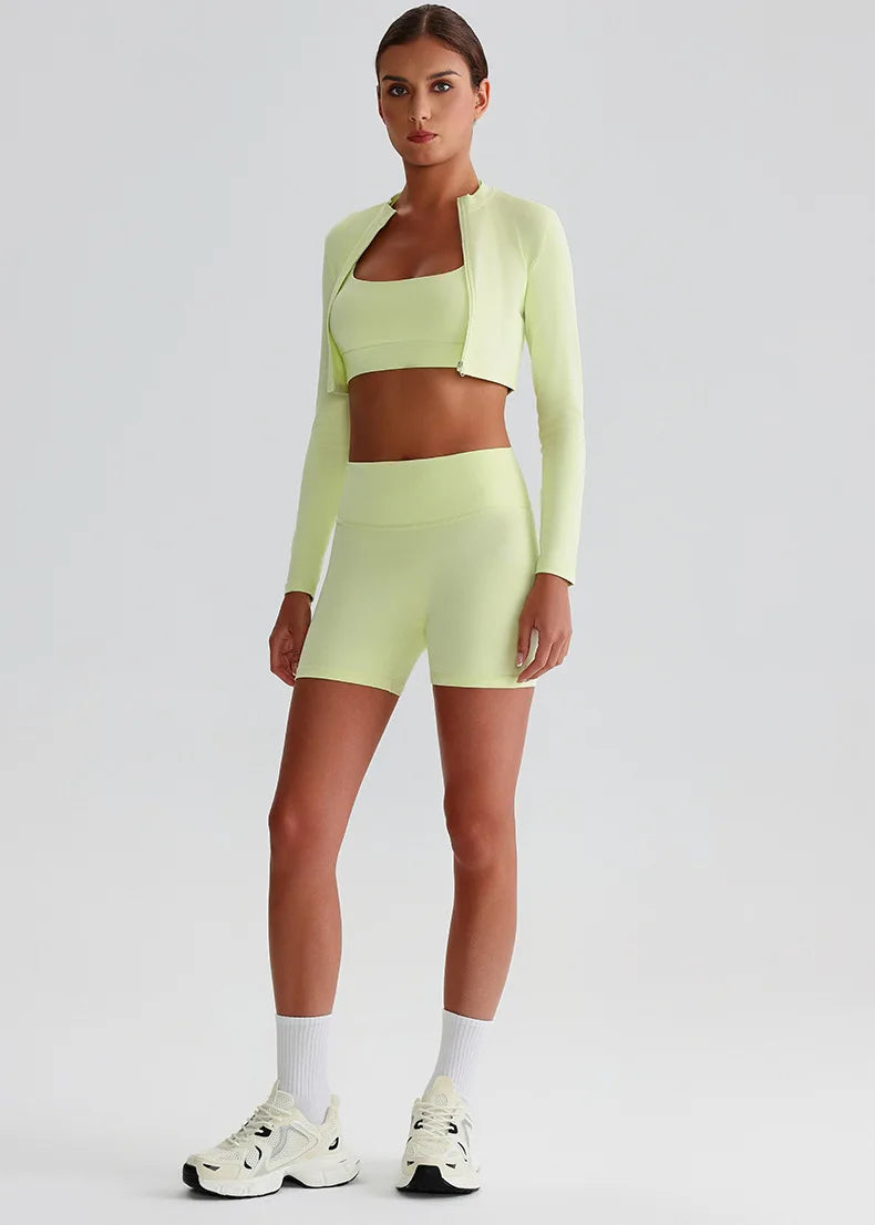 Customized LOGO Women's Skin-friendly Sports Yoga Clothing Slim Elastic Jacket Fitness Shorts Long Sleeve Two-piece Set