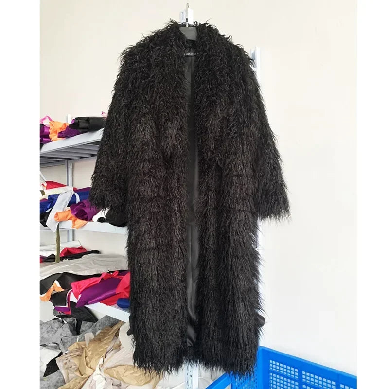 Women Faux Sheep Fur Long Coat Cardigan Thermal Loose Maxi Jackets Plush Coats Female Jacket Autumn Winter Furry Outerwear