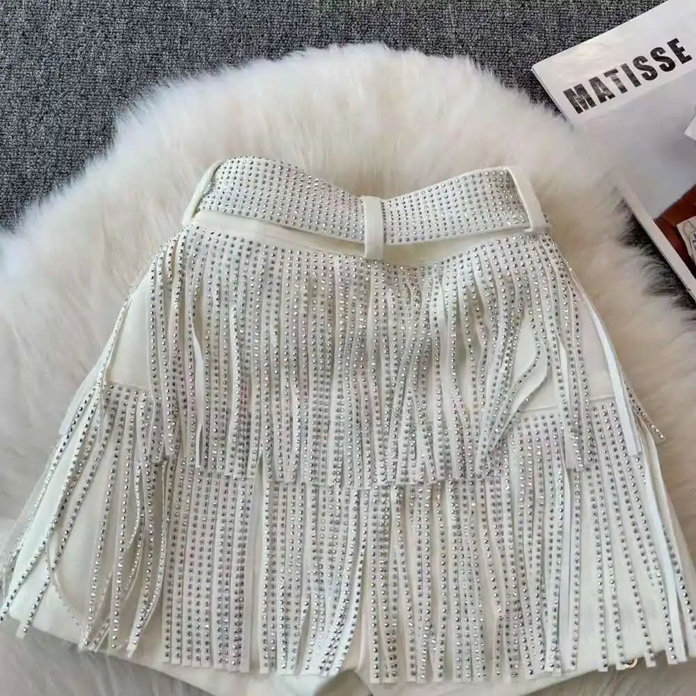 XFPV American Style Women's Shorts Summer Belt Gathered Waist Zipper Spliced Beading Tassel Shorts Female New Fashion 22D1803