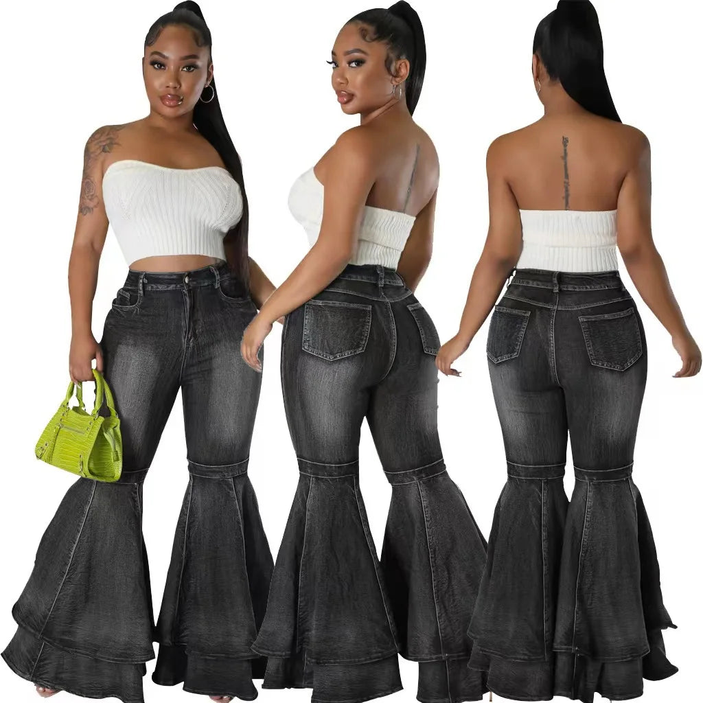 Fashion Versatile Wide Leg Washed Denim Stretch Flared Pants Women