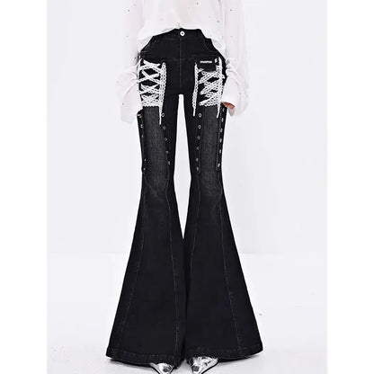 European White Y2k Lace Strap Micro Flared Jeans for Women Hot Girls Street Low Waist Slim Fit and Slimming Floor Length Pants