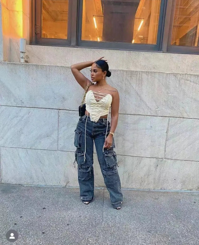 Joskaa Fashion Y2k Pockets Cargo Jeans Women Hipster High Waisted Straight Pants Fall 2023 Casual Denim Trousers Streetwear
