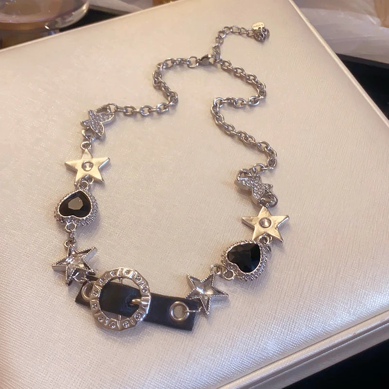 Silver Color Hollow Star Choker Necklaces For Women Long Tassel Rhinestone Imitation Pearl Chain Necklaces Statements Jewelry