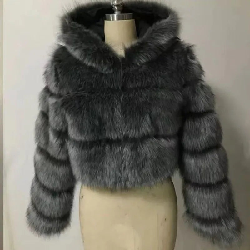 S-6XL Women Coat Autumn Winter Short Hooded Faux Fox Fur Coat Thick Warm Outerwear Fake Fur Woman Jackets Ladies Furry Coats