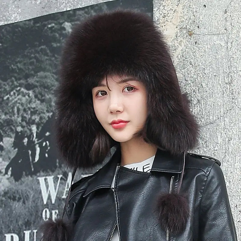 2025 100% Real Fox Fur Hats Women's Russian Ushanka Aviator Trapper Snow Skiing Hat Caps Earflap Winter Raccoon Fur Bomber Hat